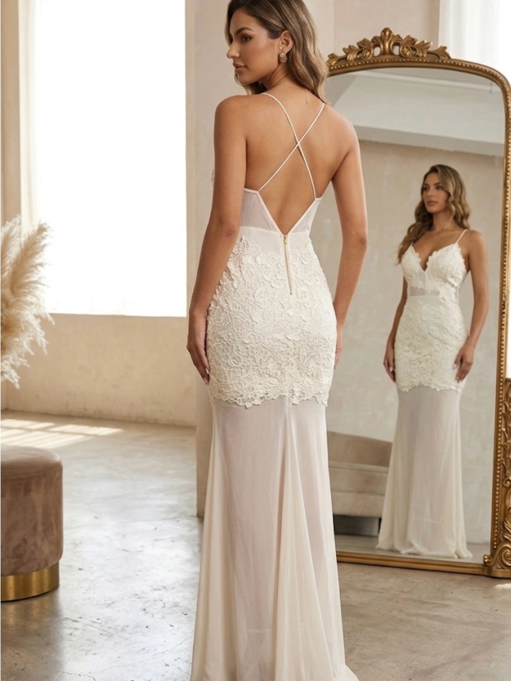 Entry Ivory Lace Backless Evening Gown